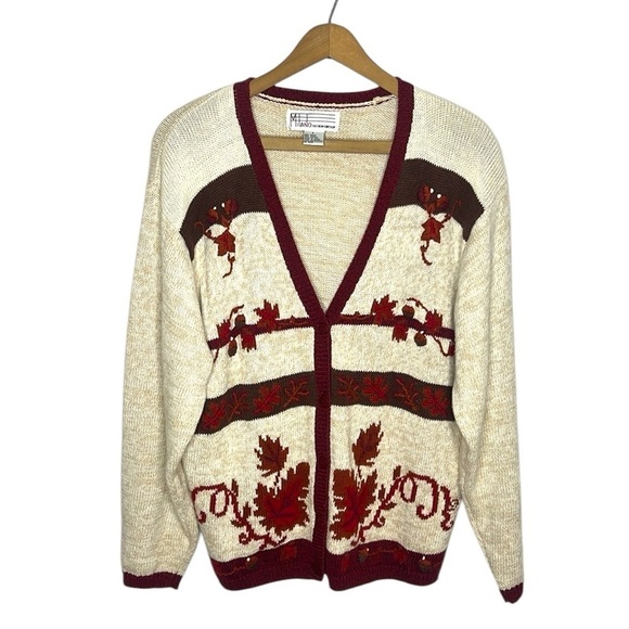 MILANO Vintage 90s Embroidered V Neck Grandma Core Fall Autumn Cardigan Sweater - Picture 1 of 9
